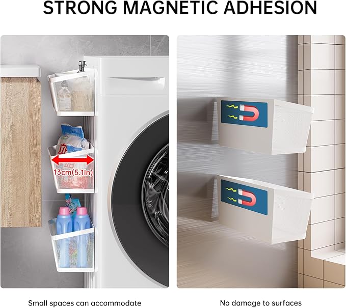 2-Pack Magnetic Shelves for Washing Machine, Heavy Duty Mesh Magnet Basket Organizer for Laundry Room Organization, Multi Metal Storage Shelf and Refrigerator Spice Rack Holder (White, Large)