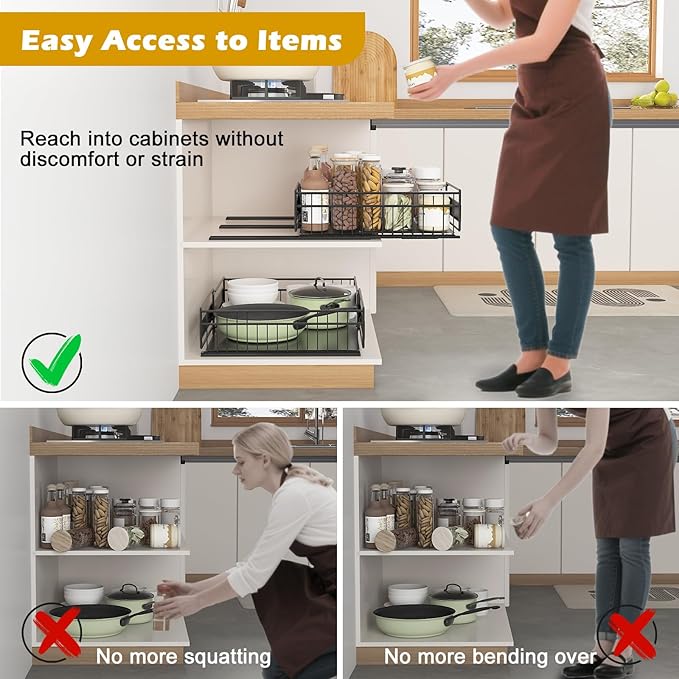 REALINN 2 Pack Pull Out Cabinet Organizer, Expandable(12"-20") Slide Out Drawers 3 Slide Rails Fix with Adhesive or Screw, Roll Out Shelves for Kitchen Cabinet Organization, Black, 12cm height