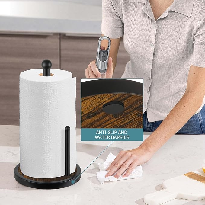 YINMIT Paper Towel Holder Countertop, Standing Paper Towel Roll Holder with Heavy Duty Wooden Base, Rustic Farmhouse Paper Towel Holders for Kitchen Counter, Fits Standard or Jumbo-Sized Rolls