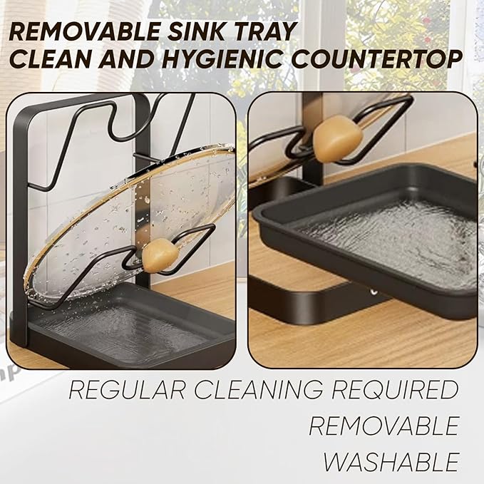 Kitchen Pot Lid Storage Rack, Pot Lid Organizer Rack, Lid Holder While Cooking, With a Draining Tray, Easy to Use, Easy to Store, And Uses a Large Pot Lid (Single Layer-Gray)