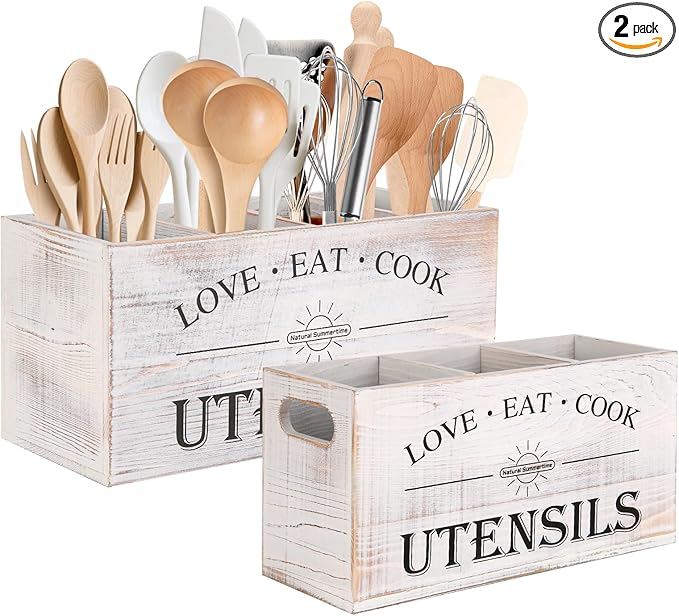 2 PC Wooden Utensil Holder,（With 4-Compartments size*1 + 3-Compartments size*1） Extra Large Kitchen Counter,Cooking Spatula Organizer,Farmhouse Decor, Rustic Cooking Utensil