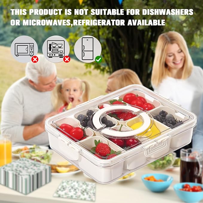 Snack Box Container, Divided Serving Tray with Lid and Handle Snackle Box Container, Snack Organizer for Adults Fruit, Veggie, Perfect for Party, Entertaining