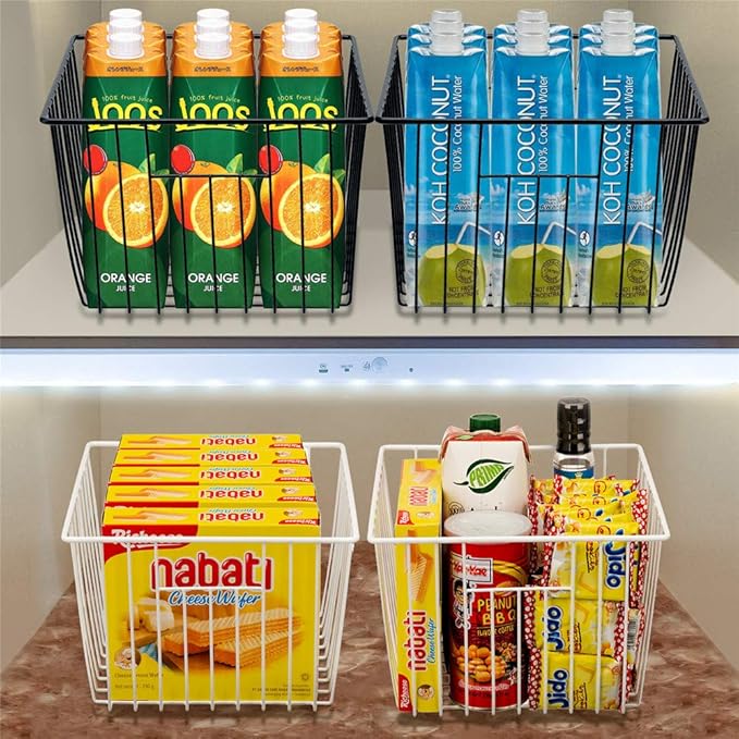 SANNO Freezer Baskets Wire Storage Basket, Metal Household Storage Organizer Baskets Bin for Pantry, Shelf, Freezer, Kitchen Cabinet, Bathroom Black