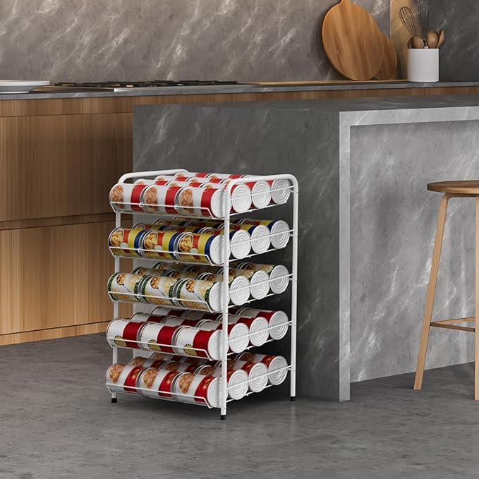 smusei Can Rack Organizer for Pantry 5 Tier Adjustable Soda Can Dispenser Holds up to 60 Cans Can Storage Organizer Pantry for Cabinet Canned Foods and Drinks, White