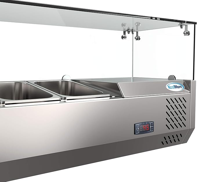 KoolMore Refrigerated Countertop Condiment Prep Station with Glass Sneeze Guard - Includes Seven 1/4 Pans, Silver, 59 Inch (SCDC-7T)