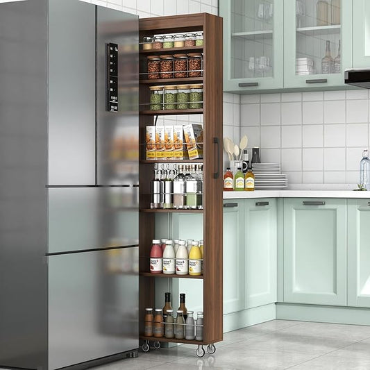 71-Inch Slim Storage Cart on Wheels, Walnut 7-Tier Tall Slide Out Kitchen Pantry Cabinet with Anti-Fall Bars, Rolling Utility Cart with Metal Handle for Kitchen Dining Room Small Spaces