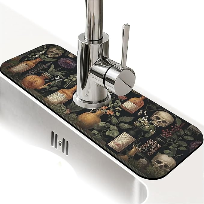 Kitchen Sink Splash Guard，Apothecary bottles, skulls Faucet Mat Sink Gadgets-Super Absorbent Fast Drying Mat Drip Catcher for Kitchen, Bathroom,Sink Mat, Dish Drying Mat, Bathroom(15" X 5.5" )