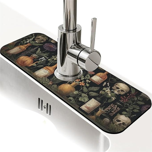 Kitchen Sink Splash Guard，Apothecary bottles, skulls Faucet Mat Sink Gadgets-Super Absorbent Fast Drying Mat Drip Catcher for Kitchen, Bathroom,Sink Mat, Dish Drying Mat, Bathroom(15" X 5.5" )