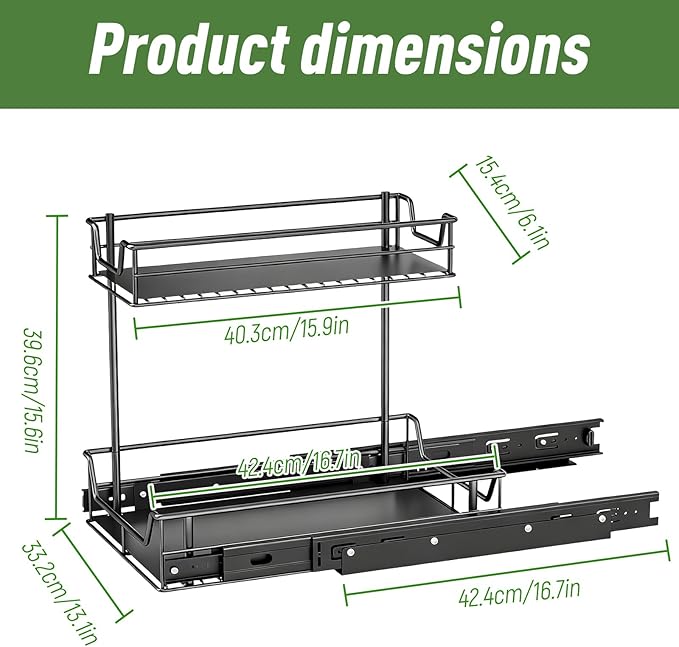 Under Sink Organizer, 2 Tier Pull Out Cabinet Organizer and Storage for Kitchen Fully Extendable Slide out, Heavy Duty Under Sink Storage for Bathroom Laundry Kitchen Pantry Closet (Black Large Size)