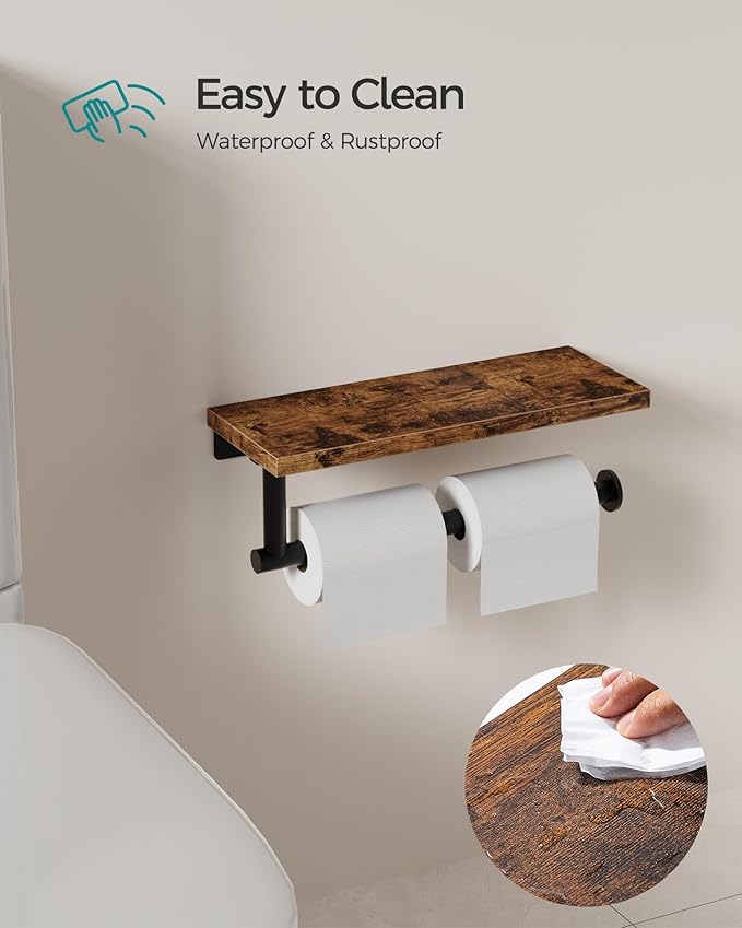 Paper Towel Holder Wall Mount with Shelf - Wooden Hanging Paper Towel Holder for Bathroom, Wall Mounted Hand Towel Holder, Paper Towel Rack for Bathroom, Kitchen, Laundry Room, Rustic Brown