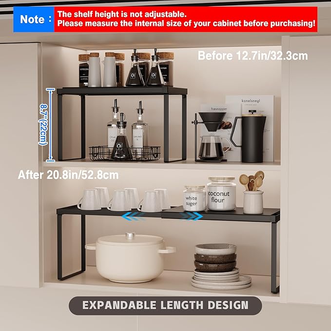 Expandable Cabinet Shelf Organizer, 1 Pack Stackable Kitchen Counter Shelf Riser, Metal Spice Rack Adjustable Heavy Duty Countertop Organizer Storage for Kitchen, Pantry, Cupboard, Rv (Black)