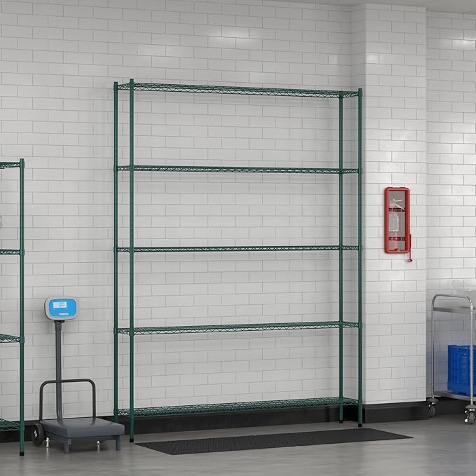 Commercial NSF Listed Green Epoxy Stationary Wire Shelving Kit 12" x 72" x 96", with 5 Shelves Perfect for Warehouse, Walk-in Refrigerator, Freezer, Grocery Store, Restaurant, Dishroom
