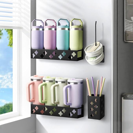 Magnetic Water Bottle Organizer for Fridge, Magnetic Cup Holder for Stanley 30 40 Oz with Tumbler Lid & Straw Organizer, 8 Tumblers Kitchen Storage Rack for Stanley Cup Accessories, Space-Saving