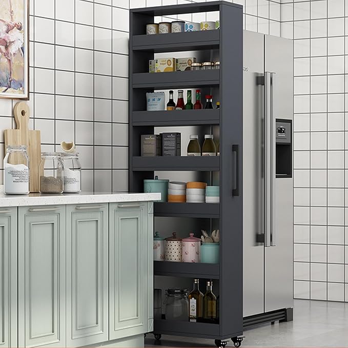 7 Tier Standing-Shelf with Wheels, 5.9/7.9/9.8'', Wooden Slim Storage Cart, Thickened Plate, Scratch-Resistant and Wear-Resistant, for Home, Kitchen, Bakers, Closet, Pantry, Dining Room