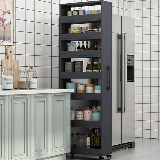 7 Tier Standing-Shelf with Wheels, 5.9/7.9/9.8'', Wooden Slim Storage Cart, Thickened Plate, Scratch-Resistant and Wear-Resistant, for Home, Kitchen, Bakers, Closet, Pantry, Dining Room