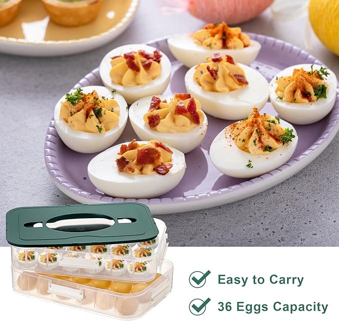 BTSKY Deviled Egg Platter with Lid, 2-Layer 36 Slots Deviled Eggs Carrier, Clear Portable Eggs Holder for Fridge Reusable Deviled Egg Tray Carton Box for Easter and Party Favor (2-Layer, Green)