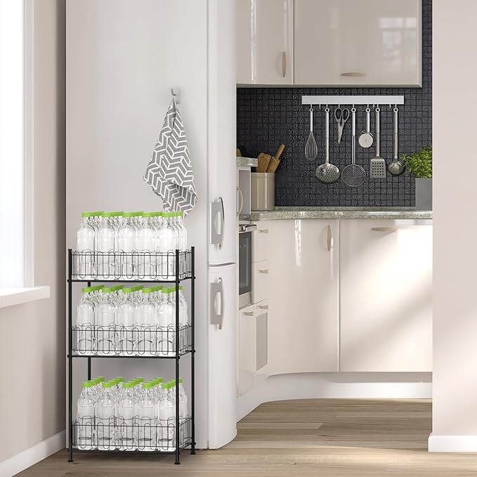 Vrisa 3 Tier Water Bottle Holder Fenced Freestanding Bottled Water Organizer Stand Beverage Drink Soda Can Storage Rack for Pantry, Kitchen, Home Party, Classroom