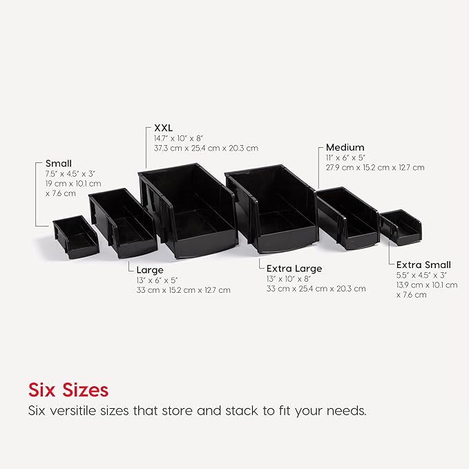 IRIS USA Medium Stackable Storage Bins, 4-Pack, 11"L x 6"W x 5"H, |Made in USA|, Plastic Open Front Shelf Bin for Organizing Parts, Hardware, Tools, Supplies, Garage Shelf, Pantry - Black