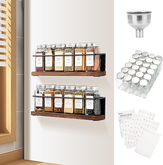 KitHero Magnetic Spice Rack Organizer with 12 Jars, 216 Labels, 1 Steel Funnel for Refrigerator，Microwave Oven - Full Set of Seasoning Organizer, Kitchen Gadgets
