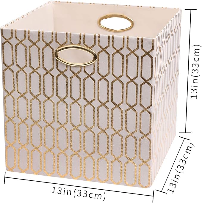 Posprica Storage Bins, Storage Cubes,13×13 Fabric Drawers Organizer Basket Boxes Containers (13×13×13/2pcs, Cream/gold geometry Pattern)