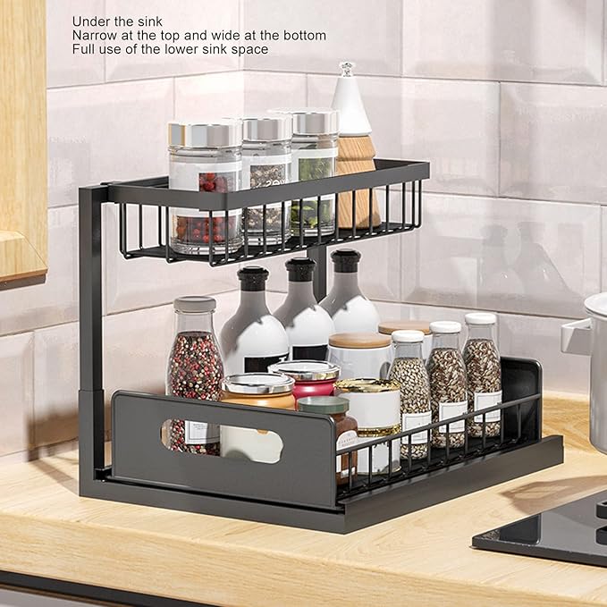 Under Sink Organizer L Shape 2 Tier Slide Out Sink Shelf, Under Sink Storage Organizer with Slide Out System, Carbon Steel Under Sink Shelf for Kitchen Bathroom, Includes
