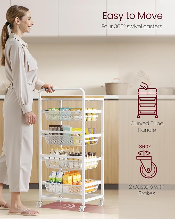 VASAGLE Storage Rolling Cart with Pull-Out Baskets, 5-Tier Utility Cart Orgnizer with Wheels for Laundry Room, Kitchen, Handle, 12.5 x 15.8 x 37.4 Inches, Golden Oak and Matte White ULRC041YA01
