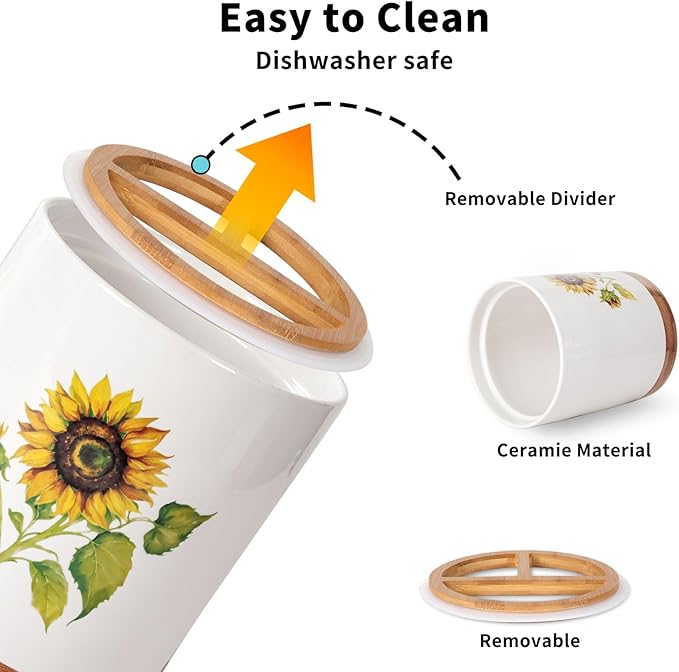 HAPPY KIT 7.6″ Extra Large Kitchen Utensil Holder, 360° Rotating Utensil Holder for Kitchen Counter with 3 Removable Compartment, Housewarming Gift & Farmhouse Decor(Sunflower)
