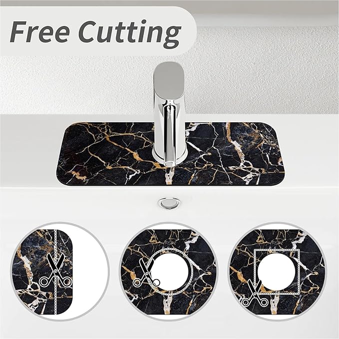 Kitchen Sink Splash Guard，Black marble with yellow and white Faucet Mat Sink Gadgets-Super Absorbent Fast Drying Mat Drip Catcher for Kitchen, Bathroom,Sink Mat, Dish Drying Mat, Bathroom(15" X 5.5" )