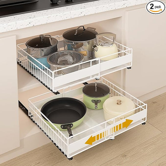 REALINN 2 Pack Pull Out Cabinet Organizer, Expandable(12"-20") Slide Out Drawers 3 Slide Rails Fix with Adhesive or Screw, Roll Out Shelves for Kitchen Cabinet Organization, White, 12cm height