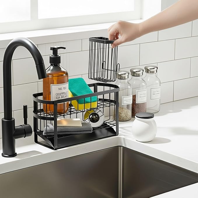 UEFFNR Kitchen Sink Organizer Caddy, 2 Tier Sink Caddy Organizer with High Brush Holder, Rust-Proof Countertop Rack (Black 10.6 * 4.3 * 5.7") for Kitchen Accessories & Dish Brushes