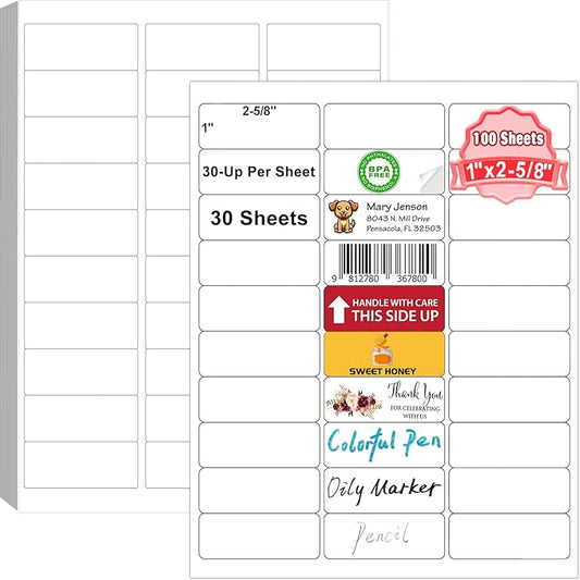 Address Labels, OausTect 1" x 2-5/8" Mailing Label for Envelopes, 3000 White Blank Printable 8.5"×11" Sticker Labels Paper for Laser/Inkjet Printer, 30 Up Per Sheet (100 Sheets)