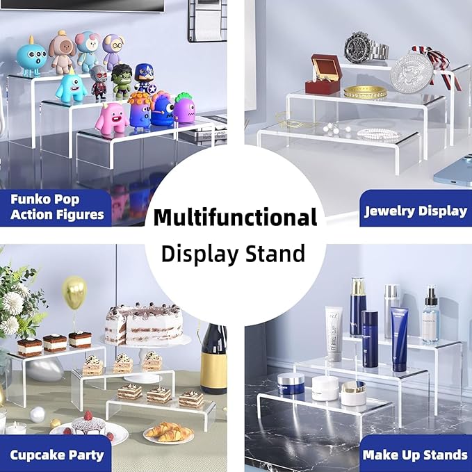 Goabroa 12 Pcs Clear Acrylic Risers Display Stands, 3 Tiers 4mm Thick Transparent Acrylic Shelves Ideal for Collectibles Stand, Party Cake Dessert Holder, Floating Visual Pop Figure Display Shelves