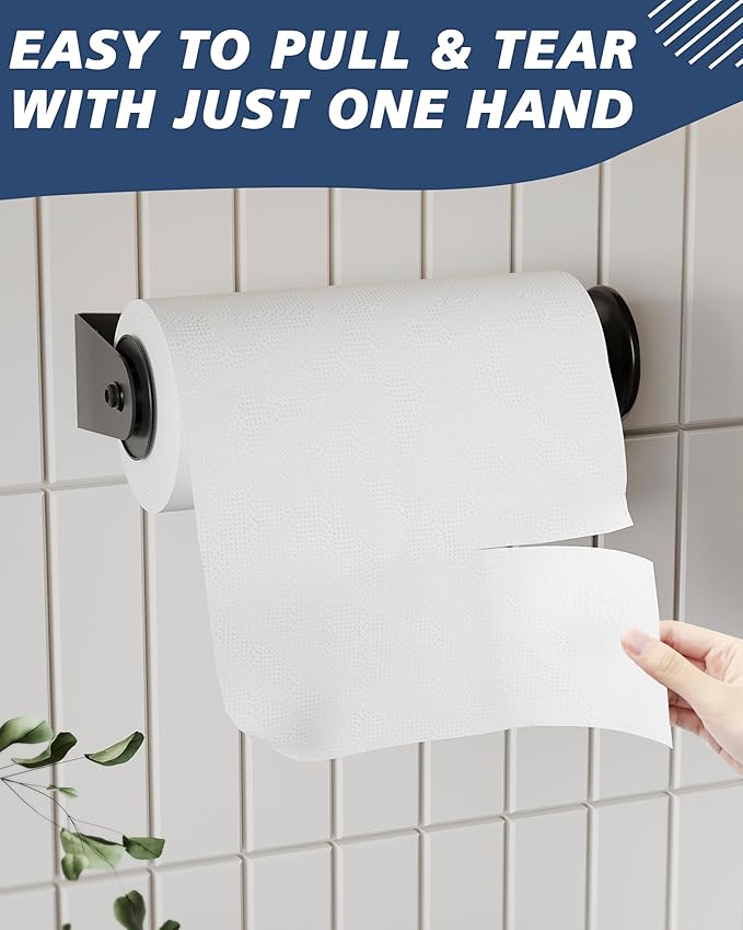 Paper Towel Holder for Kitchen, Paper Towels Bulk- Self-Adhesive Under Cabinet，Self-Adhesive or Drilled Wall Mount,Stainless Steel, Single Hand Operable(Matte Black)
