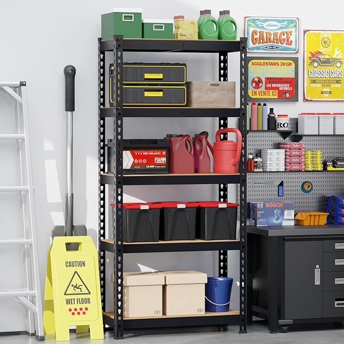 Storage Shelves 5 Tier Garage Shelving Heavy Duty Storage Rack, Adjustable Metal Shelving Unit, Garage Shelves for Basement Warehouse Pantry, 1655LBS, 60" H x 27.6" W x 11.8" D, Black