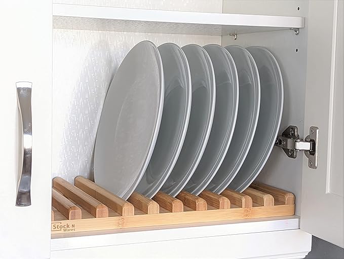 Bamboo Dish Rack, Regular(0.8" Holder Width 10 Slots), Stylish Low Profile Plate Stand, Dish Drying Rack, Cabinet Plate Stand, 15.56" Lx10 Wx1.38 H (39.53cmx25.40cmx3.49cm)