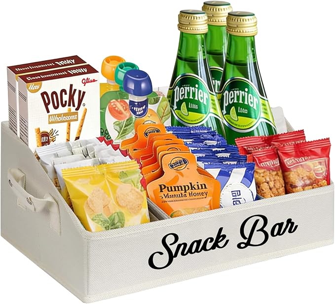 Snack Organizer for Countertop, Snack Basket with Adjustable Compartments via Velcro, 6 Compartment Food Container, Basket for Snacks with PU Handles, Beige
