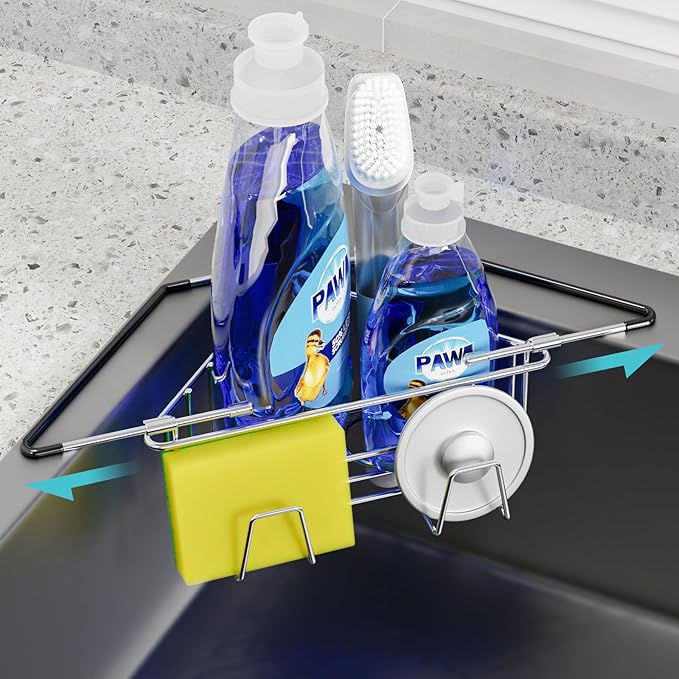 NiHome Extendable Arm Stainless Steel Kitchen Sink Corner Caddy, Easy Install Space-Saving Adjustable Sponge Holder, Non-Slip Rust-Resistant for Brushes, Soap, Sponges (Silver)