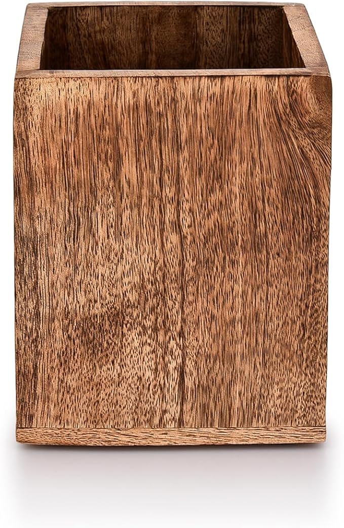 Samhita Mango Wood Burning Finished Kitchen Utensil Holder for Countertop, Utensil Holder Container for Kitchen Cooking Utensil. ( 5"x 5"x 6")