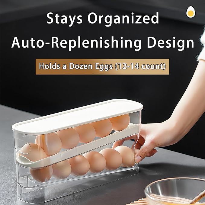 Innovative egg storage box with lid - 12-14 egg holder for fridge, clear egg cartons with auto-roll design, stackable egg rolls container for fresh eggs Large Clear Refrigerator Egg Holder