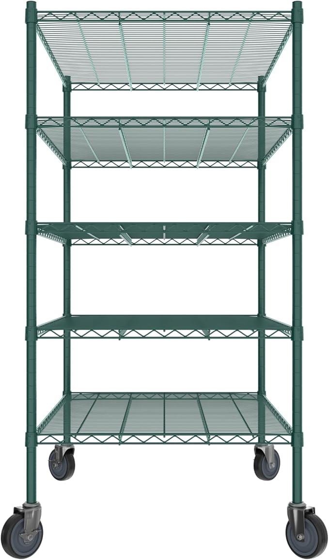 Commercial NSF Listed Green Epoxy Mobile Wire Shelving Kit 30" x 42" x 60", with 5 Shelves Perfect for Warehouse, Walk-in Refrigerator, Freezer, Grocery Store, Restaurant, Dishroom