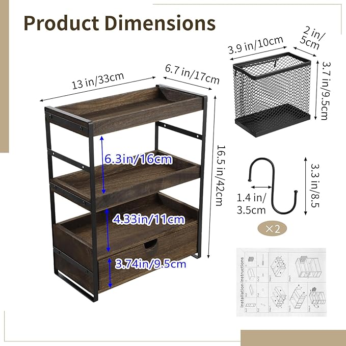3 Tier Bathroom Countertop Organizer with Drawer, Wood Metal Vanity Shelf with Basket and Hooks, Countertop Storage Rack for Skincare, Perfume, Makeup, Kitchen Coffee Bar