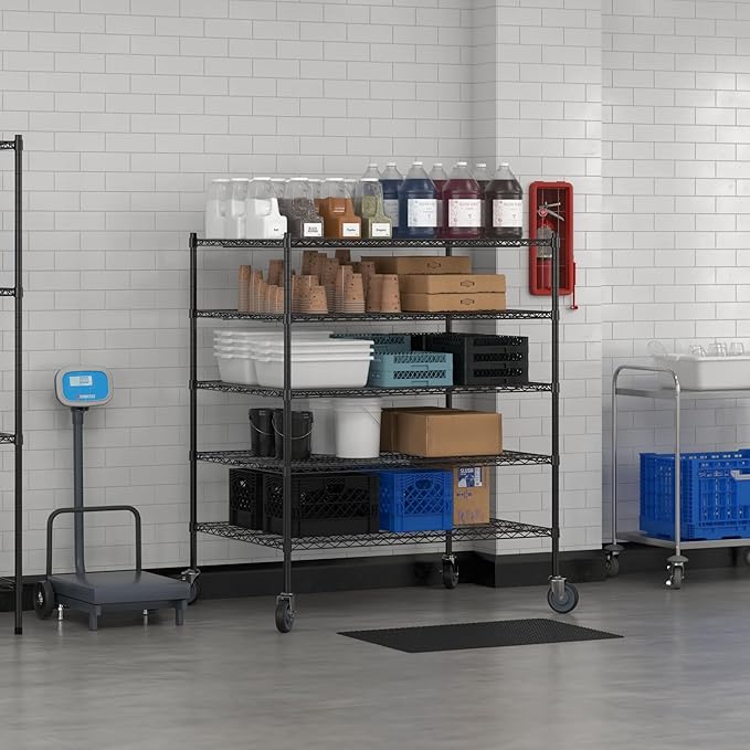 Commercial NSF Listed Black Epoxy Mobile Wire Shelving Kit 36" x 48" x 60", with 5 Shelves Perfect for Warehouse, Walk-in Refrigerator, Freezer, Grocery Store, Restaurant, Dishroom