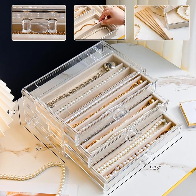 Necklace Holder Organizer, Dustproof Necklace Box Velvet Necklace Organizer Box with Lid Clear Acrylic Dustproof Stackable Jewelry Displays for Necklaces Chain Display (Beige, 3 Drawer)