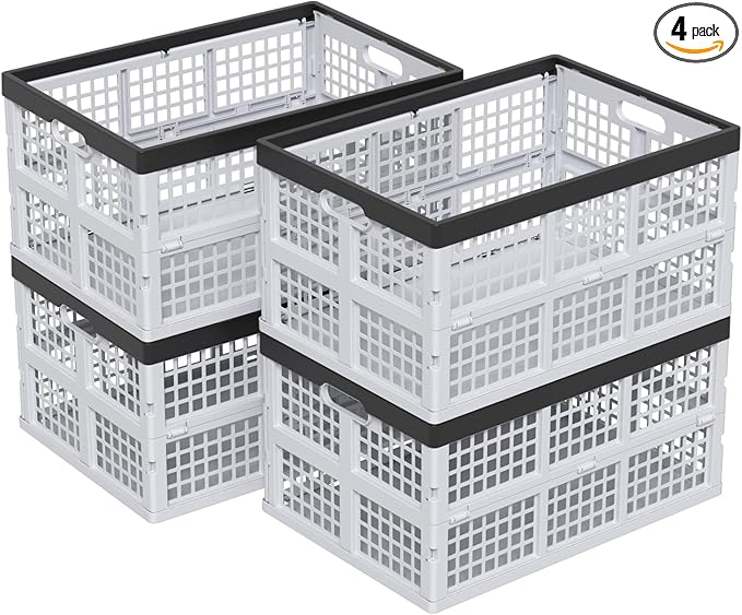 Parlynies 42 L Plastic Stackable Collapsible Storage Crate, 4-Pack Stacking Folding Storage Basket, Utility Crate Basket Containers