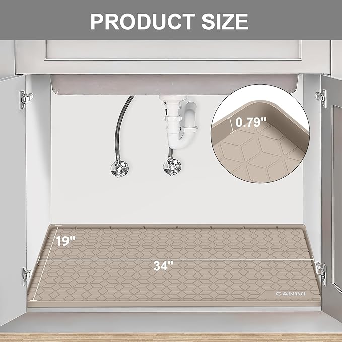CANIVI Under Sink Mat, 34" x 19" Waterproof Silicone Under Sink Tray for Kitchen & Laundry Cabinets, Kitchen Cabinet Shelf Protector, Up to 3.3 Gallons Liquid, Fits 36 inch Standard Cabinet Apricot