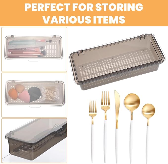4Pcs Flatware Tray with Lid and Drainer, Large Plastic Silverware Utensil Drawer Organizer Grey Covered Silverware Tray Organizer with Lid for Kitchen Home