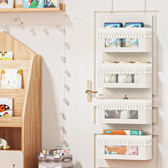 Aokeyee 4 Shelf Over The Door Organizer Nursery, Boho Closet Hanging Organizer Storage with Tassels and Clear Window, Behind The Door Storage for Baby Nursery, Bedroom, Bathroom, Laundry, Pantry
