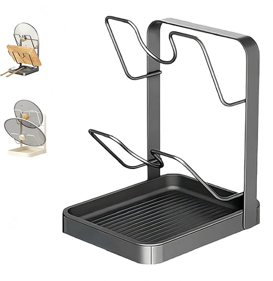 Kitchen Pot Lid Storage Rack, 304 Stainless Steel Pot Lid Holder While Cooking, Multifunctional Kitchen Pot Cover Organizer for Countertop, With Removable Drip Tray (Gray Double)