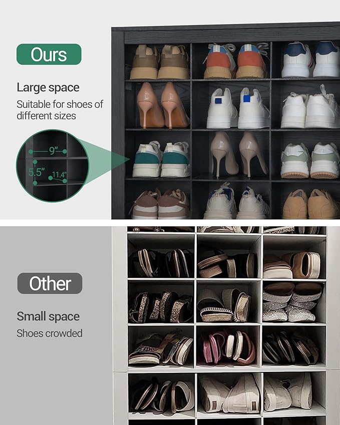 Shoe Storage Cabinet, 36 Pairs Free Standing Closet Organizer, 9 inch Widened Cell Wood Shoe Organizer, 12 Tiers Vertical Space Saving Shoe Rack for Entryway, Cloakroom, Black SR20704X
