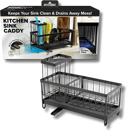Sink Caddy & Organizer | Premium Rust-Proof Carbon Steel Sponge Holder with 360° Rotating Drainage Spout | Keeps Countertop Dry & Organized (Black)